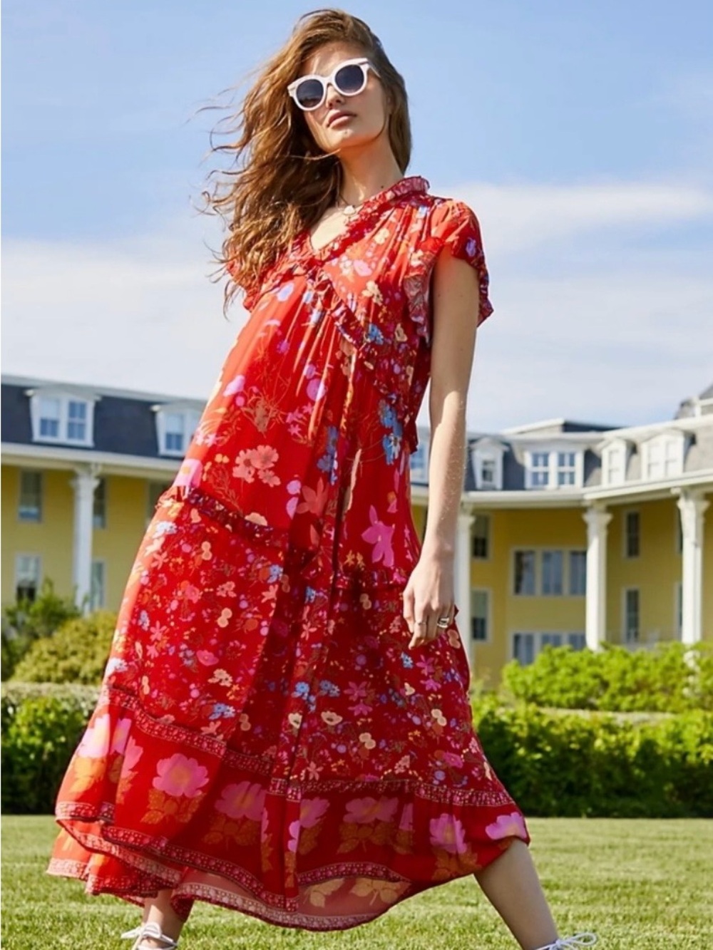 Spell Red Oversized Floral Ruffle Maxi Tiered Dress Medium